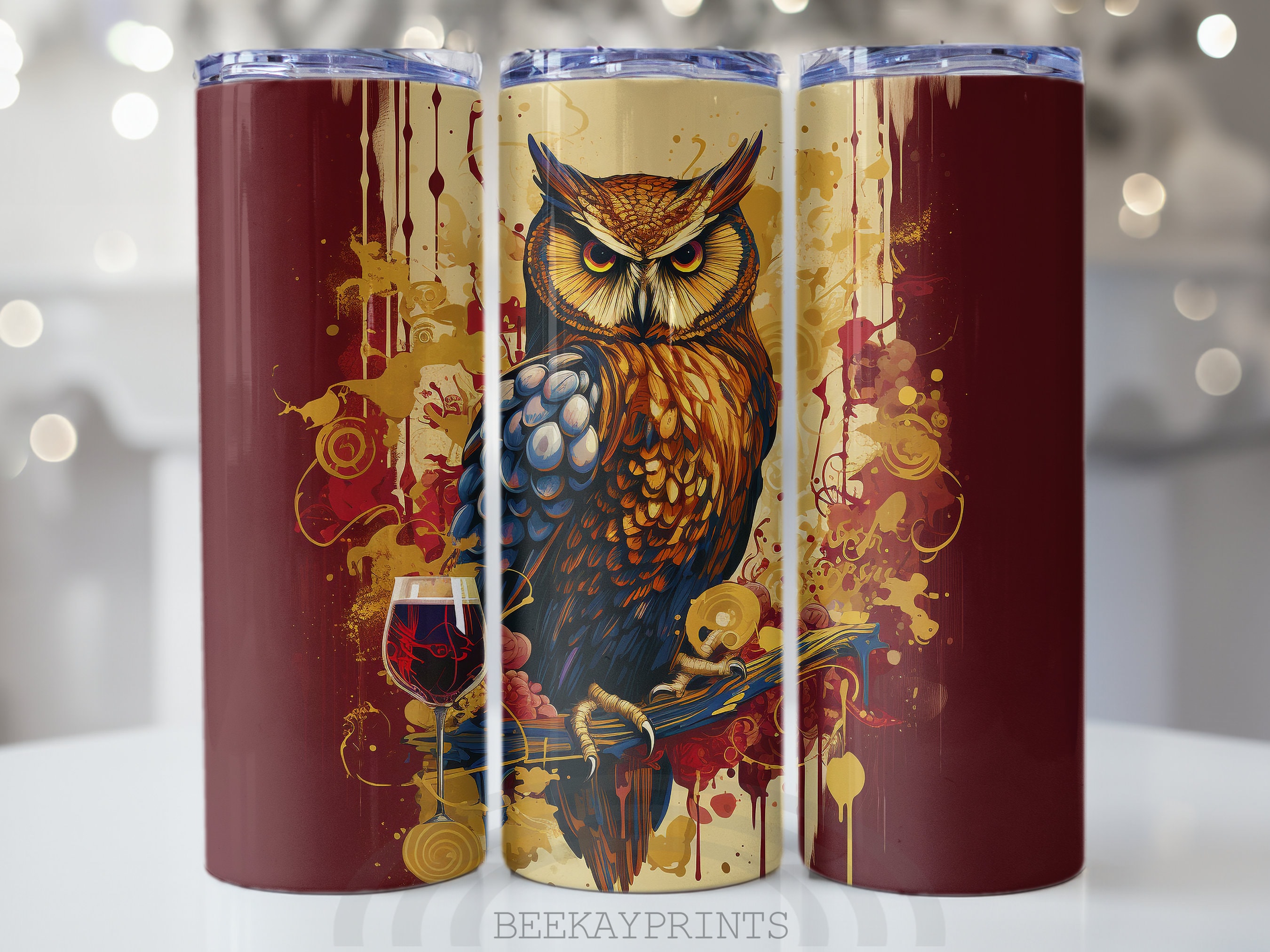 Owl Wine Label Tumbler Sublimation Design: 20 oz Skinny Tumbler (Digital Download PNG)
