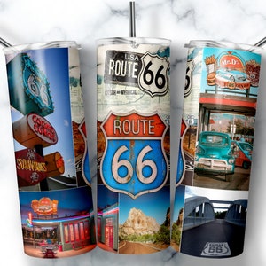 Diseño de sublimación para vaso de la Ruta 66: vaso delgado de 20 oz (descarga digital PNG)