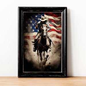 アメリカンロデオプリント：カウボーイ＆フラッグポスター（デジタルダウンロード）