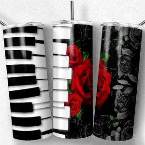 Piano Keys & Roses Tumbler Sublimation Design: 20 oz Skinny Tumbler (Digital Download)