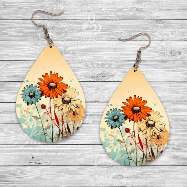 Vintage Flowers Earring, Sublimation Earring Designs Template, Earring Blanks Design, Teardrop Earring PNG, Instant Digital Download