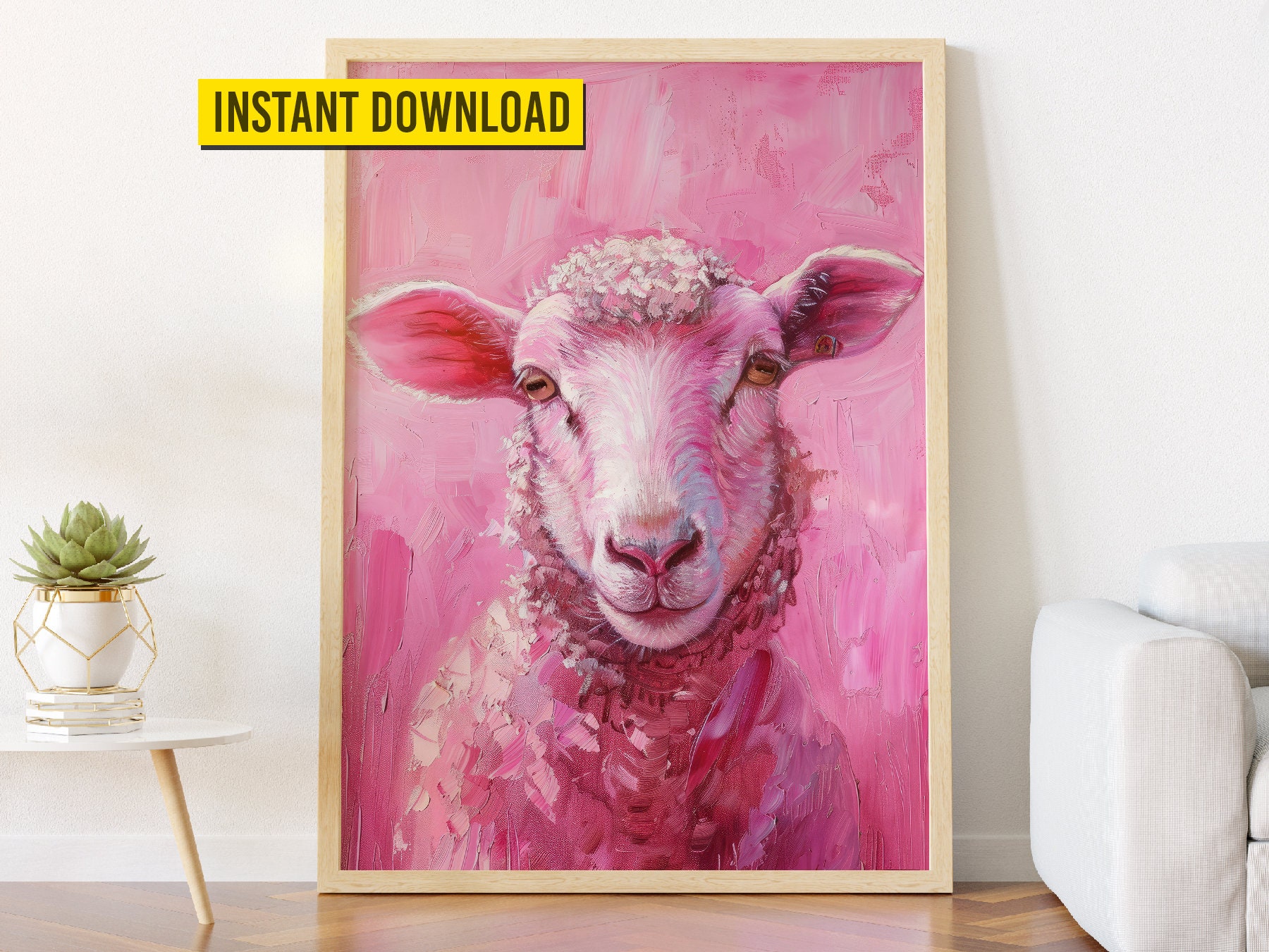 Pink Sheep Painting: Farmhouse Wall Art Poster (digital Download