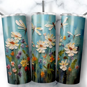 20 oz Skinny Tumbler Sublimation Design Template Dragonfly Floral Tumbler Straight Wrap Digital Download PNG