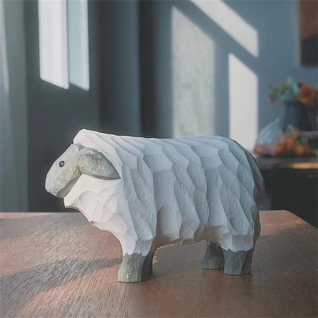Handmade Wood Carving Sheep, Cute Wood Sheep Sculpture, White Sheep