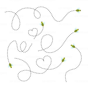 Peut inclure: Un fond blanc avec six abeilles jaunes et noires volant en suivant un motif de ligne pointillée. Les abeilles volent dans différentes directions et les lignes pointillées sont toutes de longueurs différentes.