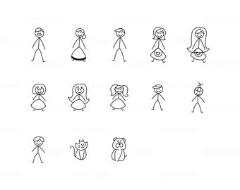 Stick Figures Family Mom Dad Son Daughter Dog Cat SVG PNG PDF Digital Instant Download for Cricut, Silhouette