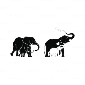 May include: Two black silhouette images of elephants. The first image shows a mother elephant walking next to her baby elephant. The second image shows a mother elephant with her baby elephant nestled in her side. The mother elephant is blowing hearts in the air.