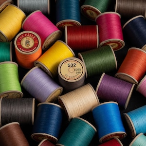 Pode incluir: Um close-up de inúmeras bobinas de linha em várias cores, incluindo amarelo, rosa, verde e azul. Algumas bobinas têm etiquetas com texto. As bobinas estão dispostas próximas umas das outras, criando uma exibição vibrante e texturizada, ideal para projetos de costura e artesanato.