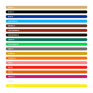 Puede incluir: Una carta de colores con 18 colores diferentes, cada uno con un nombre y un n&uacute;mero. Los colores est&aacute;n dispuestos en una columna vertical de arriba a abajo. Los colores son: beige, negro, azul, azul claro, marr&oacute;n, marr&oacute;n claro, marr&oacute;n oscuro, verde, verde claro, gris, ocre, naranja, rosa, rojo, marr&oacute;n, violeta, blanco y amarillo.