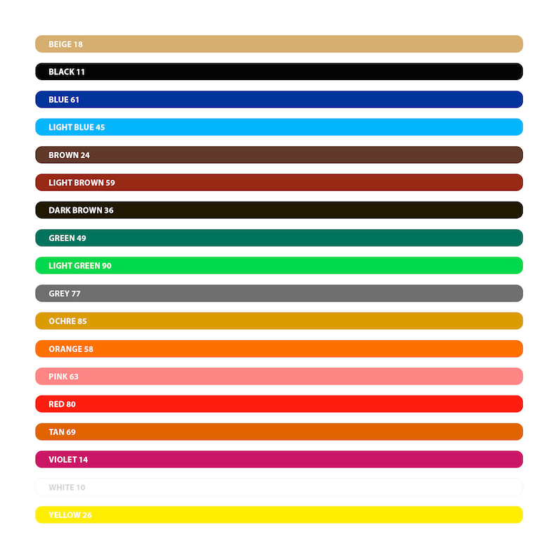 Puede incluir: Una carta de colores con 18 colores diferentes, cada uno con un nombre y un n&uacute;mero. Los colores est&aacute;n dispuestos en una columna vertical de arriba a abajo. Los colores son: beige, negro, azul, azul claro, marr&oacute;n, marr&oacute;n claro, marr&oacute;n oscuro, verde, verde claro, gris, ocre, naranja, rosa, rojo, marr&oacute;n, violeta, blanco y amarillo.
