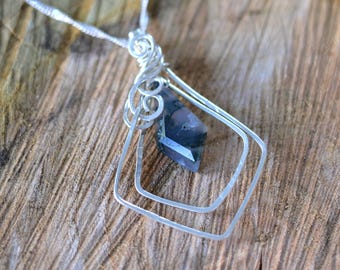 Moss Agate Kite Pendant | 935 Silver Statement Necklace | Dark Academia Gothic Ornaments Wire Wrapped Unique Boho Handcrafted Jewelry Gift