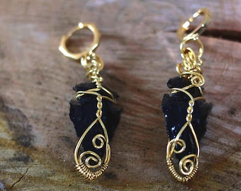 Obsidian arrowhead earrings | Gold hoop earrings 925 silver | Wire-wrapped jewelry | Gothic earrings | Dark academia | Witchy jewelry | Handmade