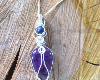 Amethyst Sapphire Necklace - 935 Silver Magic Wand Pendant - Dark Academia Gothic Whimsical Boho Wire Wrapped Jewelry Handmade Unique