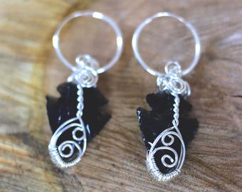 Obsidian Arrowhead Hoop Earrings • 925/935 Silver Earrings • Dark Academia Statement Jewelry Handmade Boho Witchy Gothic Gift for Her