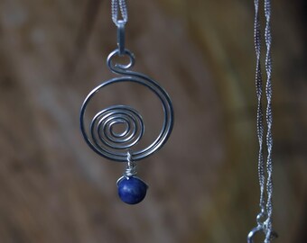 Necklace made of genuine sodalite pearl with silver (935) - handmade