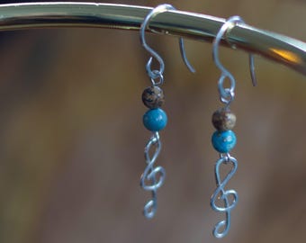 Treble clef earrings made of genuine turquoise and jasper beads with silver (935) - handmade