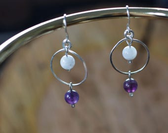 Earrings made of genuine moonstone and amethyst beads with silver (935) - handmade