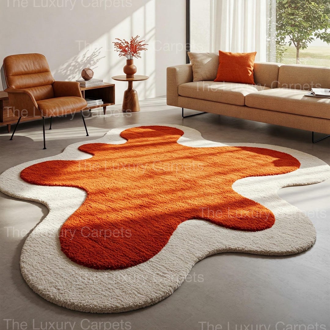Orange Splat Rug Groovy Splash Shag Rug– Retro Orange & Cream Blob Area Rug, Handmade ...