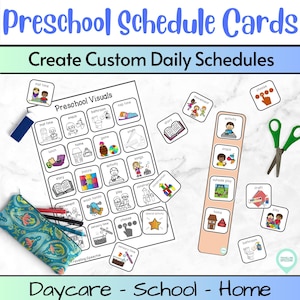 May include: Preschool schedule cards with the text "Create Custom Daily Schedules." The image shows visual schedule cards with illustrations for activities like snack, story, and play. A pencil case, scissors, and pencils are also visible.