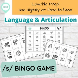 May include: Black and white printable bingo game cards with images of objects that start with the letter 's'. The cards are designed for speech therapy and feature the text '/s/ BINGO GAME'.