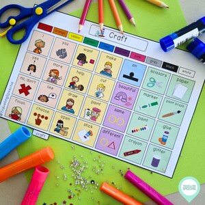 K&ouml;nnte beinhalten: Ein farbenfrohes visuelles Kommunikationsbrett mit Bildern und W&ouml;rtern zum Thema Basteln. Das Brett enth&auml;lt W&ouml;rter wie 'Schere', 'Papier', 'Farbe', 'Kleber', 'Kreide', 'Glitter', 'Marker', 'Pinsel', 'Stock', '&ouml;ffnen', 'w&auml;hlen', 'beenden', 'm&ouml;gen', 'zeichnen', 'schneiden', 'machen', 'helfen', 'mehr', 'ja', 'du', 'wollen', 'auf', 'gleich', 'anders', 'sch&ouml;n', 'rot', 'orange', 'gelb', 'gr&uuml;n', 'blau', 'lila', 'rosa', 'grau', 'schwarz', 'wei&szlig;'.