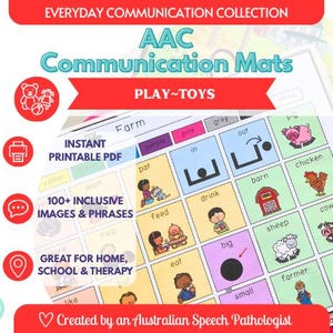 May include: An AAC communication mat featuring a grid of colourful squares with illustrations and text labels for farm animals and actions. The document includes the text Everyday Communication Collection, AAC Communication Mats, Play~Toys, Instant Printable PDF, 100+ Inclusive Images & Phrases, Great for Home, School & Therapy, and Created by an Australian Speech Pathologist.