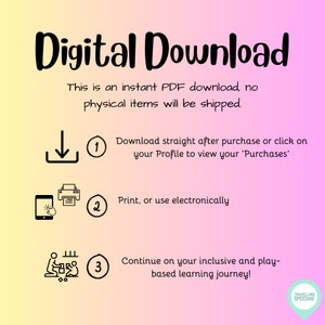 K&ouml;nnte beinhalten: Eine rosa und gelbe Grafik mit dem Text "Digitaler Download" und Anweisungen zum Herunterladen, Drucken oder Verwenden eines digitalen Produkts. Die Anweisungen sind mit 1, 2 und 3 nummeriert. Die Grafik enth&auml;lt auch ein kleines Logo f&uuml;r "Travelling Speechie".