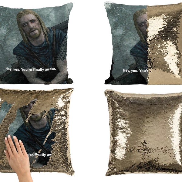 Skyrim Hey You You're Finally Awake Meme Sequin Pillow Case, Cool Celebrity Pillow Case, Skyrim Meme Flip Sequin Pillowcase, Funny Skyrim