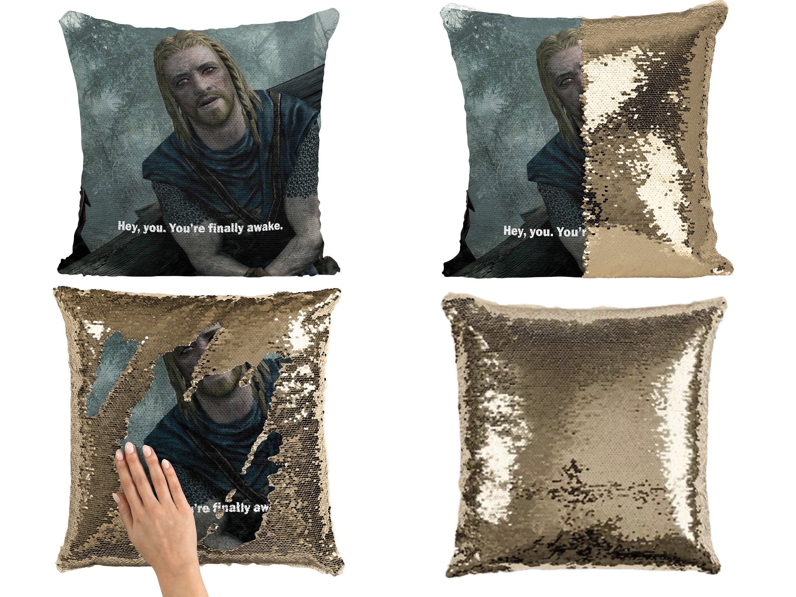 Skyrim Hey You You're Finally Awake Meme Sequin Pillow Case, Cool