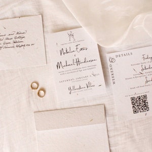 Minimalist Hochzeitseinladung Set | Hochzeit Sektflöten einladen | Handgemachte Schwarz Weiss Hochzeitskarte mit Wildblumen Papier