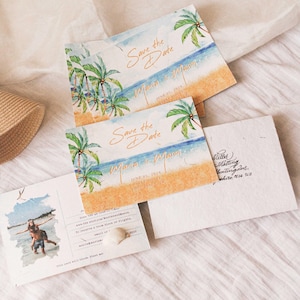 Hochzeitseinladung Strand | Zielort Save The Date | Handgemachte Hochzeitspostkarten mit Wildblumensamenpapier