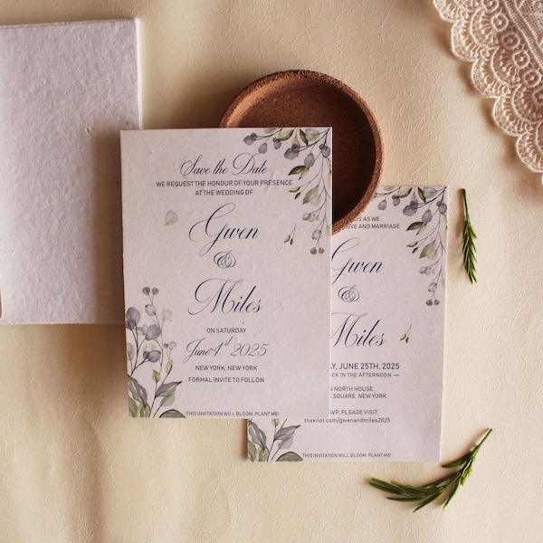 Samenpapier einladen | Pflanzbare umweltfreundliche handgemachte Hochzeitseinladung 13x18 cm mit Kalligraphie-Umschlag (optional)