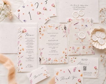 Pressed Flower Wedding Invitation Suite – Handmade Wildflower Themed Floral Invite with QR RSVP And Day-of stationery