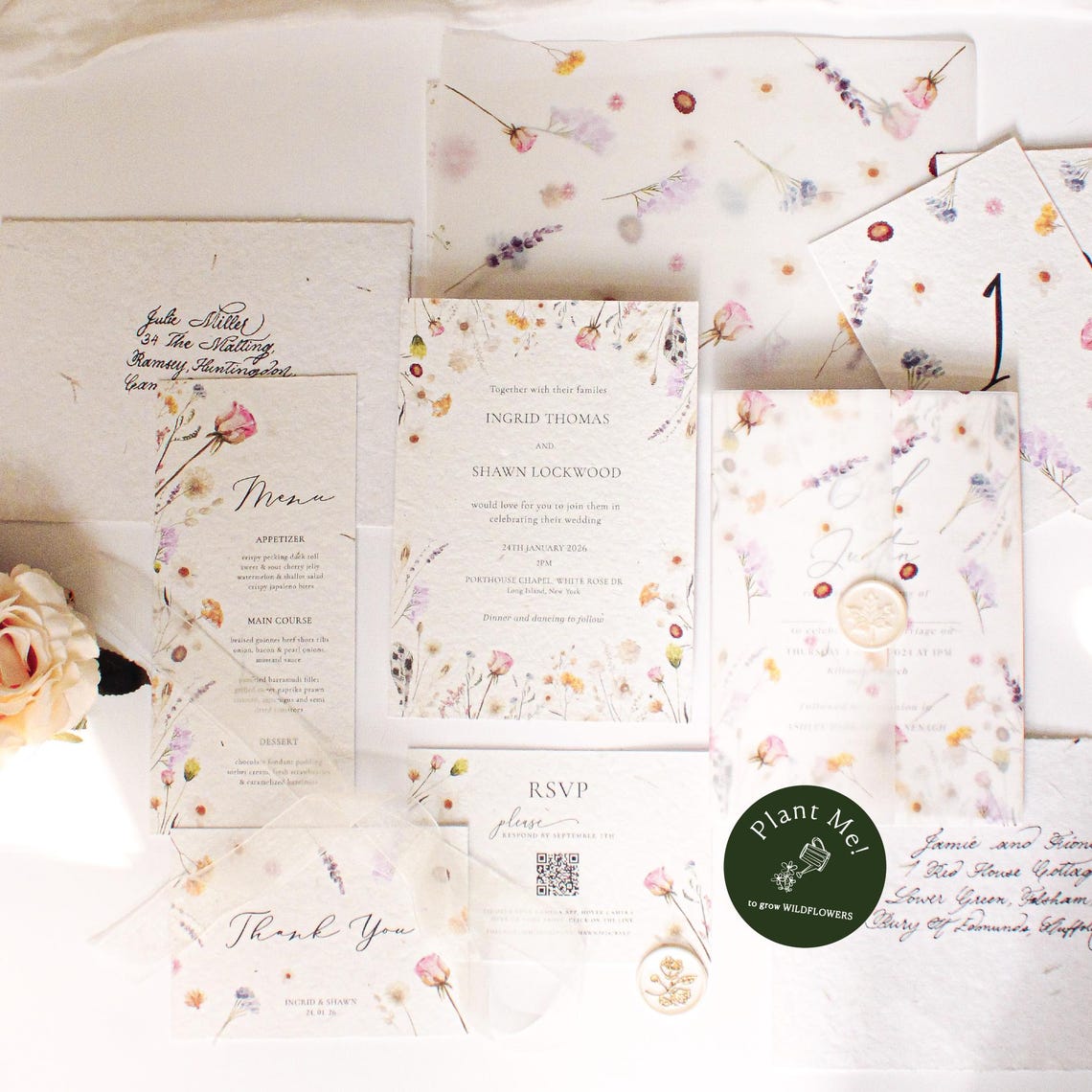 pressed flower wedding invitation suite made with seed paper