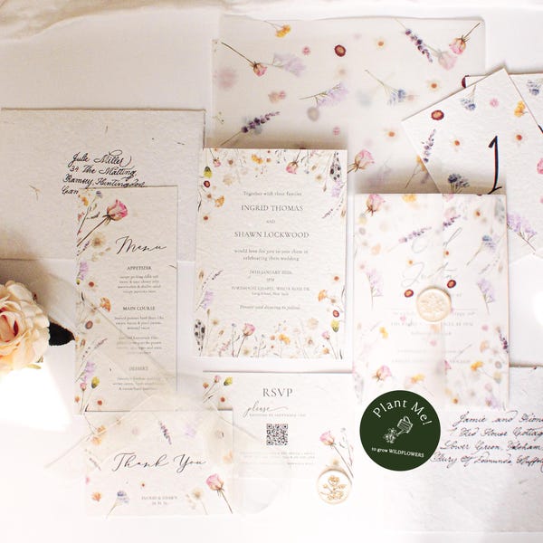 Pressed Flower Wedding Invitation Suite on Seed Paper – Handmade Wildflower Floral Invite with QR RSVP And Day-of stationery