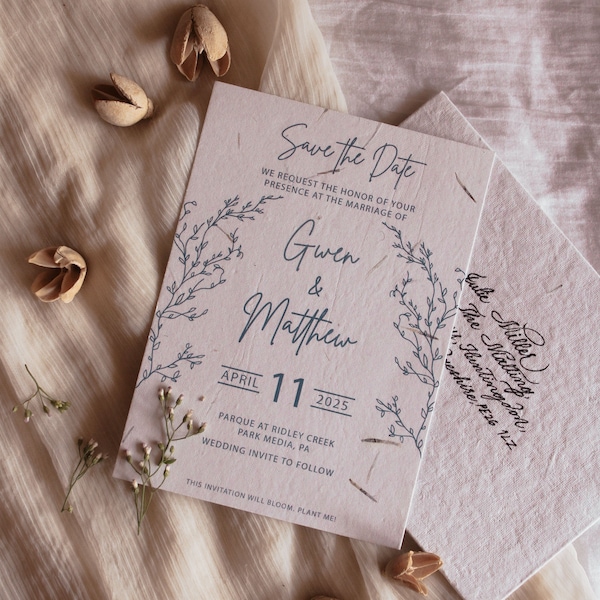 Samenpapier, Hochzeitseinladung mit Samened Umschläge | Umweltfreundlich Save The Date | Kalligraphie adressierte Umschläge