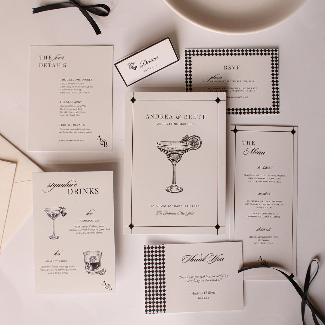 Black &amp; White Checkered Wedding Invitation Suite – Modern Minimalist ...