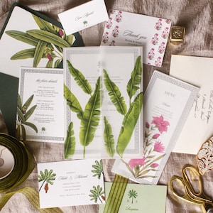 Suite de boda tropical de lujo – Invitaciones de boda personalizadas – Juego de invitaciones artesanales – Temática de loto blanco – Boda de verano de destino