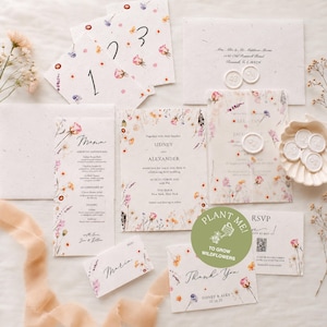 Invitación de boda con flores prensadas en papel de semillas: invitación floral de flores silvestres hecha a mano con código QR, RSVP y papelería para el día de la boda.