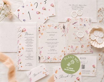 Pressed Flower Wedding Invitation Suite on Seed Paper – Handmade Wildflower Floral Invite with QR RSVP And Day-of stationery