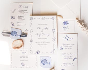 Seashell Beach Wedding Invitation Suite For Destination Weddings | Minimalist Coastal Wedding Invite With RSVP, Wedding Program & Menu Cards