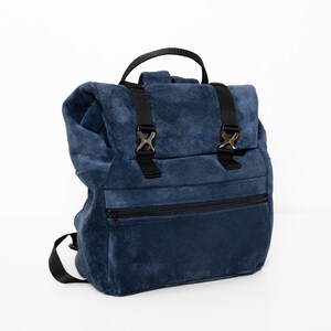 Leather backpack for women in dark blue made of suede, adjustable length, laptop backpack, backpack, suede