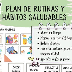 Organizador hábitos saludables niños inglés plan rutinas bienestar emocional tareas matutinas vespertinas regalo educativo organizar