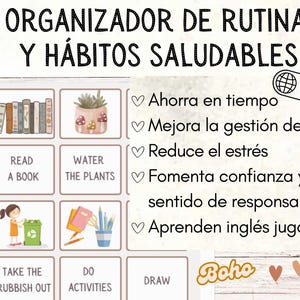 May include: A printable chart with illustrations and text in Spanish and English. The chart is titled "ORGANIZADOR DE RUTINAS Y HÁBITOS SALUDABLES" and lists activities such as "PUT MY CLOTHES ON", "READ A BOOK", "WATER THE PLANTS", "BRUSH MY HAIR", "TAKE THE RUBBISH OUT", "DO ACTIVITIES", and "DRAW". The chart also includes a list of benefits of using the chart, such as "Ahorra en tiempo", "Mejora la gestión del hogar", "Reduce el estrés", "Fomenta confianza y sentido de responsabilidad", and "Aprenden inglés jugando".
