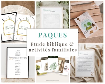 Box chrétienne numérique incluant un cahier d'étude biblique, Cartes histoire de Pâques avec versets bibliques en français, Activité famille