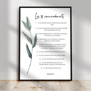 Bible verse poster in French, 10 Commandments, Exodus 20, Poster with Bible quote for Christian interior wall decor