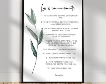 Bible verse poster in French, 10 Commandments, Exodus 20, Poster with Bible quote for Christian interior wall decor