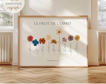 Verset biblique en français, Affiche Fruit de l'Esprit, Décoration printemps chrétienne, Citation Bible, Tableau fleur, Cadeau femme & maman