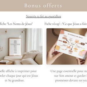 May include: An image featuring two items: a framed print with the text "Les Noms de J&eacute;sus" and a card titled "10 cadeaux de J&eacute;sus." The print is in a room setting, while the card is held by hands. The image has a neutral color palette.