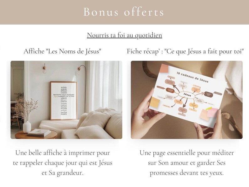 May include: An image featuring two items: a framed print with the text "Les Noms de J&eacute;sus" and a card titled "10 cadeaux de J&eacute;sus." The print is in a room setting, while the card is held by hands. The image has a neutral color palette.